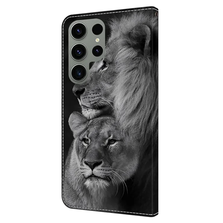 For Samsung Galaxy S24 Ultra Case Anti-fall PU Leather+TPU 3D Pattern Phone Guard Cover - Couple Lions