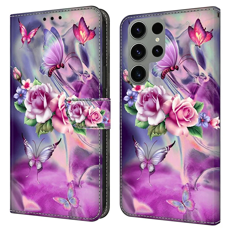 For Samsung Galaxy S24 Ultra Wallet Case PU Leather 3D Pattern Printing Stand Cover - Butterflies / Flowers