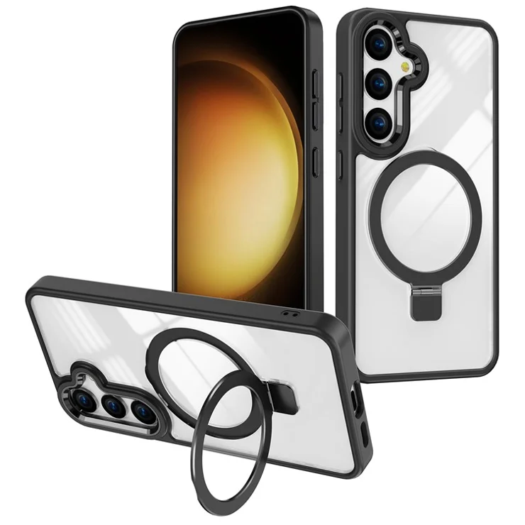 For Samsung Galaxy S24 Clear Case Compatible with MagSafe Shockproof TPU+Acrylic Kickstand Phone Cover - Black
