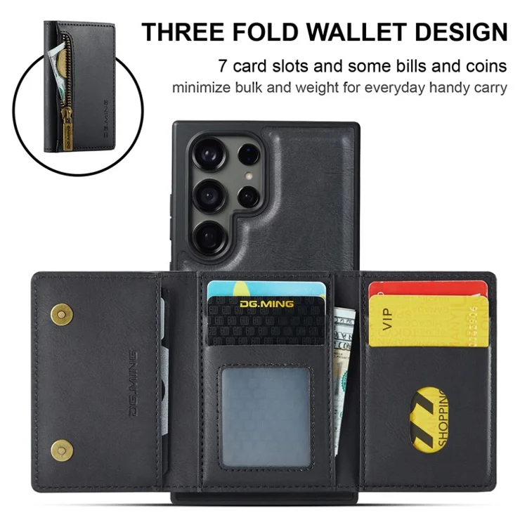 DG.MING M5 Series For Samsung Galaxy S24 Ultra Case Kickstand Leather Phone Back Cover - Black