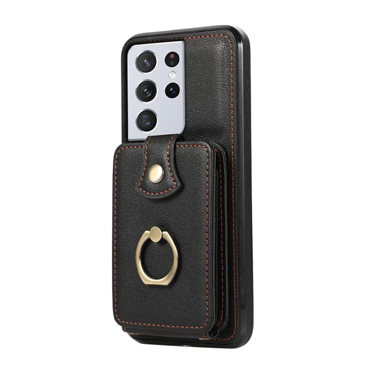For Samsung Galaxy S21 Ultra 5G Case Card Holder Kickstand TPU+PU Leather Phone Cover - Black