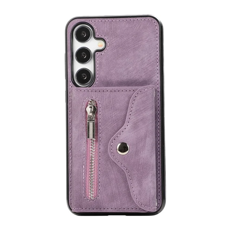 For Samsung Galaxy S24+ Cell Phone Case Card Bag PU Leather+TPU Cover with 2 Straps - Purple