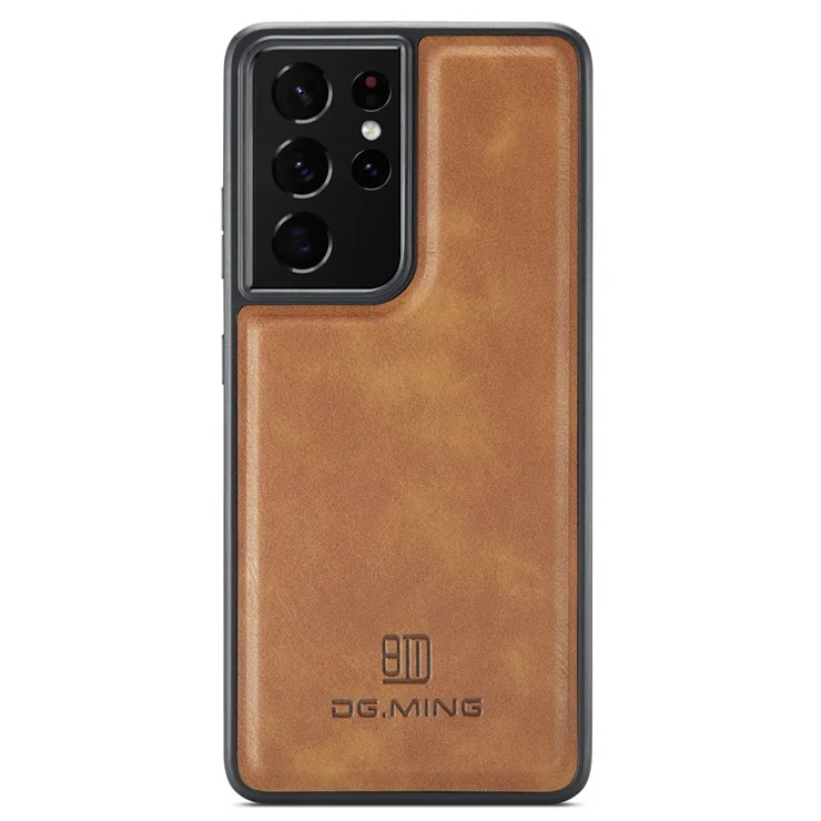 DG.MING For Samsung Galaxy S21 Ultra 5G Phone Case Leather Coated PC+TPU Shell Cover - Brown