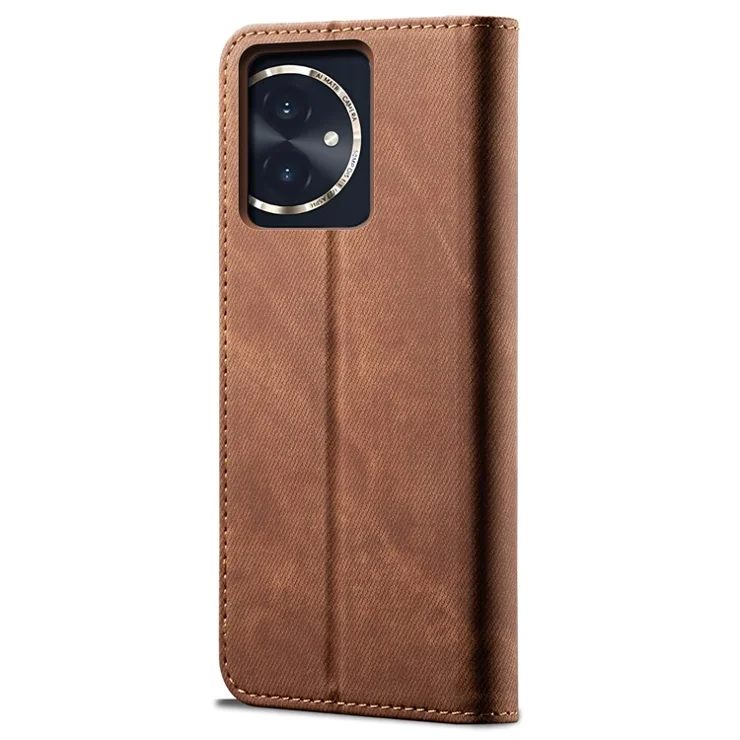 For Honor 100 5G Case Wallet Jeans Cloth Texture PU Leather Phone Cover Stand - Coffee