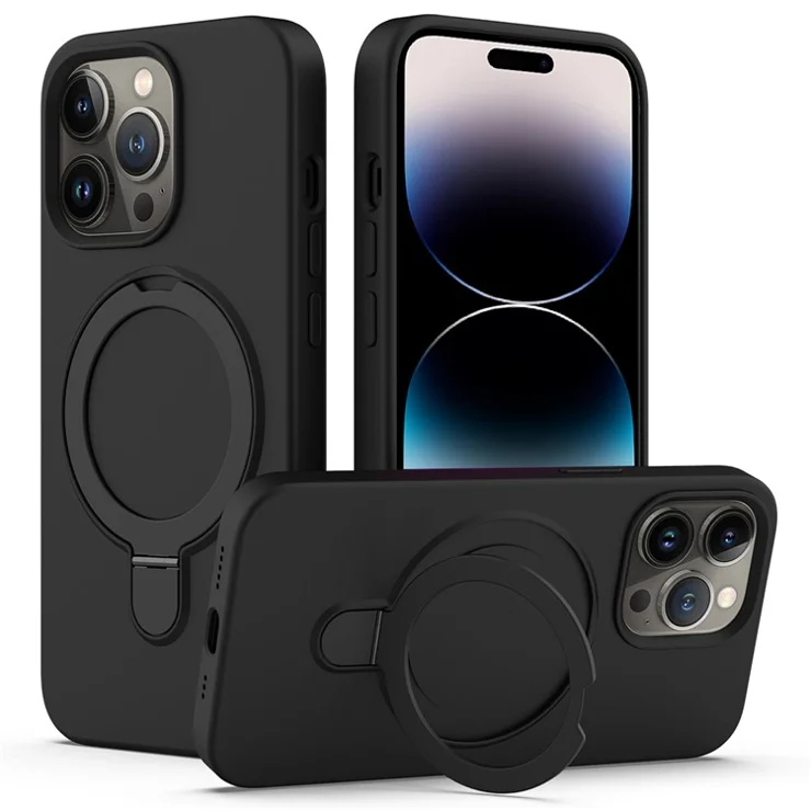 For iPhone 14 Pro Magnetic Case Kickstand Anti-drop PC + Silicone Cover - Black