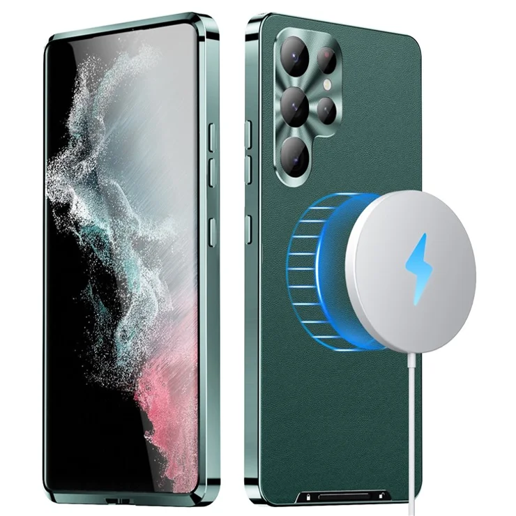 For Samsung Galaxy S24 Ultra Magnetic Case Metal Frame Leather+PC Matte Cover - Green