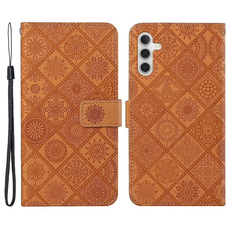 For Samsung Galaxy A15 5G Case Imprinted Flower Stand Wallet Phone Cover - Brown