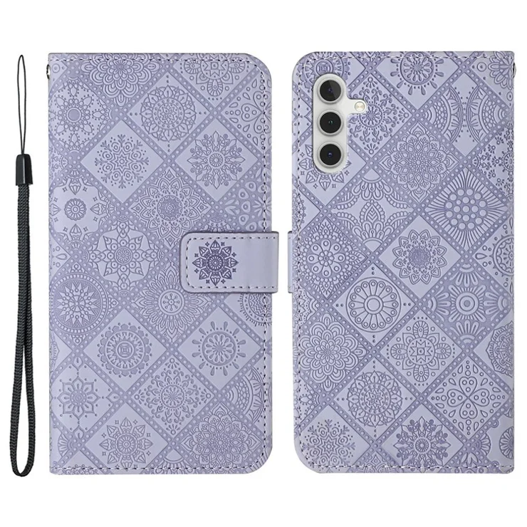 For Samsung Galaxy A15 5G Case Imprinted Flower Stand Wallet Phone Cover - Purple