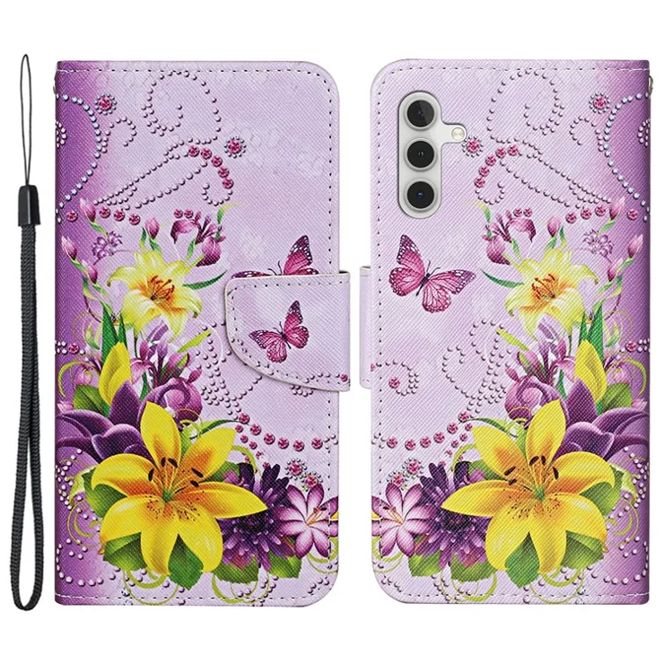 For Samsung Galaxy A15 5G Case PU Leather Pattern Printing Wallet Phone Cover with Strap - Yellow Flowers / Butterflies