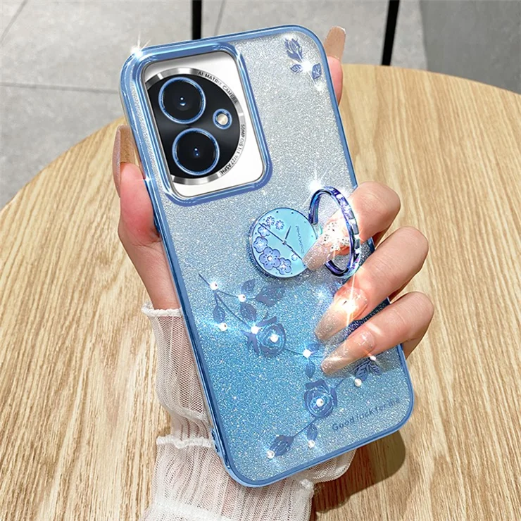 KADEM For Honor 100 5G Cell Phone Case Rhinestone Decor Flower TPU Back Cover with Kickstand - Blue