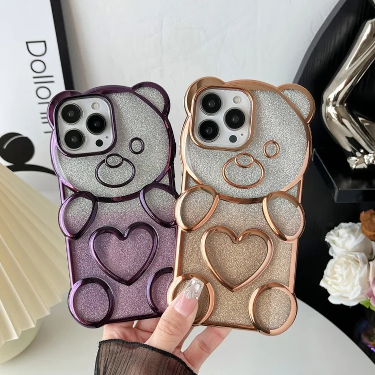 For iPhone 15 Pro TPU Phone Case Electroplated 3D Bear Shiny Cover - Black