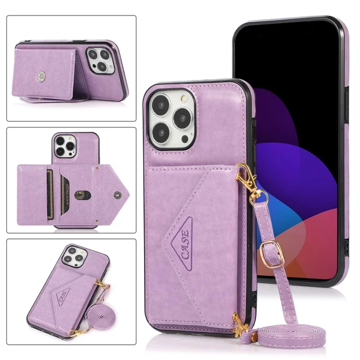 For iPhone 14 Pro Case Card Holder Kickstand Leather+TPU Cover with Long Strap - Purple