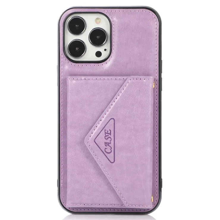 For iPhone 14 Pro Case Card Holder Kickstand Leather+TPU Cover with Long Strap - Purple