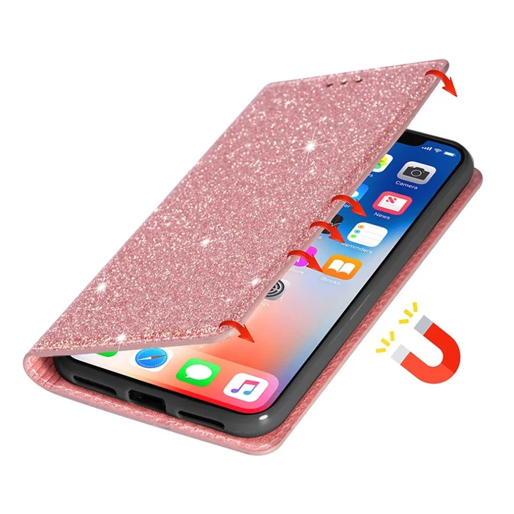 For Samsung Galaxy S24 Leather Case Card Holder Glitter Phone Cover - Rose Gold