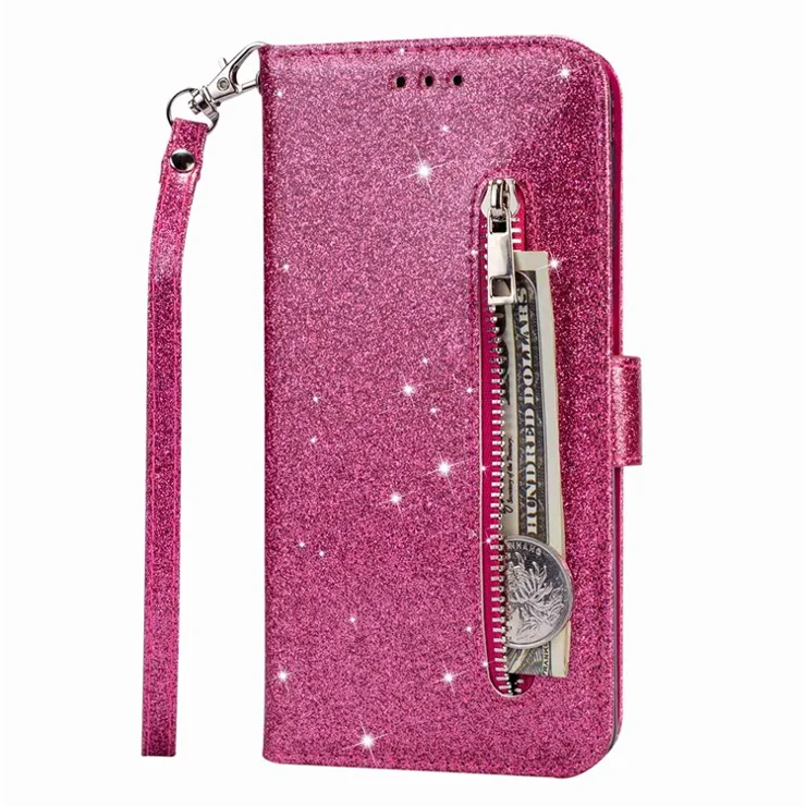 For Samsung Galaxy S24 Case Glittery Phone Wallet Cover with Zipper Pocket - Rose