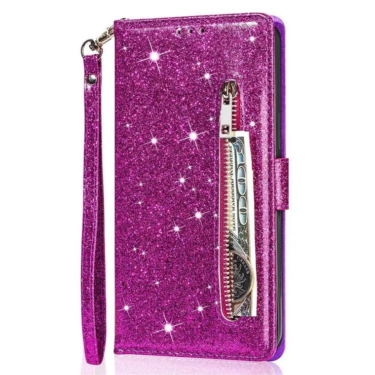 For Samsung Galaxy S24 Case Glittery Phone Wallet Cover with Zipper Pocket - Purple