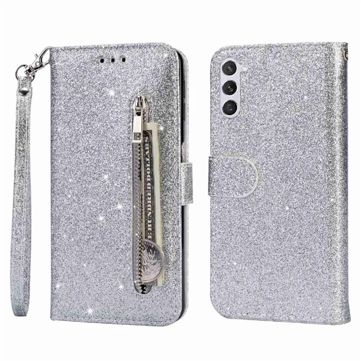 For Samsung Galaxy S24+ Case Zipper Pocket Glittery Leather Phone Cover - Silver