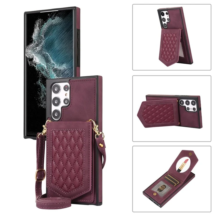 For Samsung Galaxy S24 Ultra Phone Case Kickstand Make Up Mirror Cover with Shoulder Strap - Wine Red