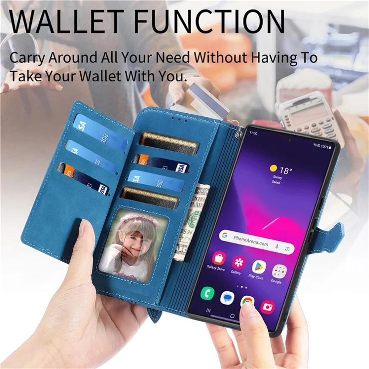 For Samsung Galaxy S24 Ultra Zipper Wallet Case with Strap Flower Imprint PU Leather Phone Cover - Blue