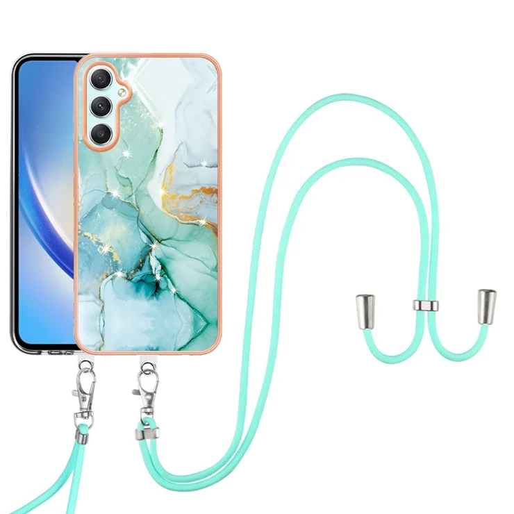 For Samsung Galaxy A25 5G (Global) (161.0 x 76.5 x 8.3mm) Case with Shoulder Strap IMD IML Flower Pattern TPU Back Cover - Green 003