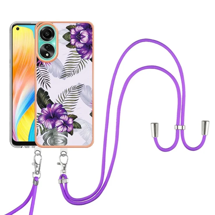 For Oppo A78 4G TPU Case with Lanyard IMD Marble Pattern Electroplated TPU Back Cover - Purple Flower