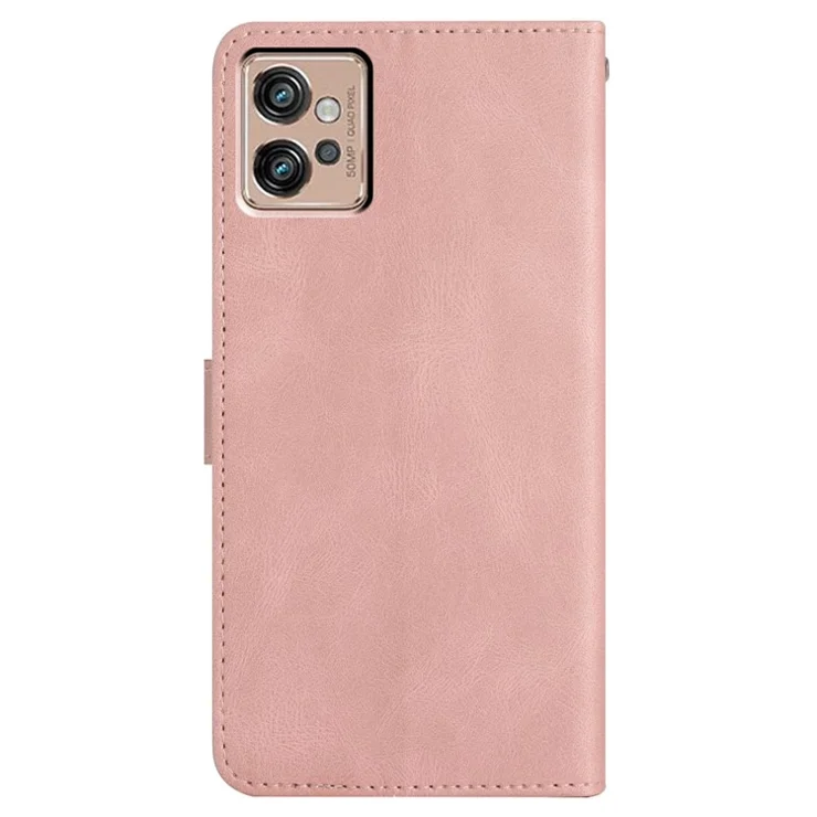 For Motorola Moto G32 4G Case PU Leather Imprinted Phone Protector with Wrist Strap - Rose Gold