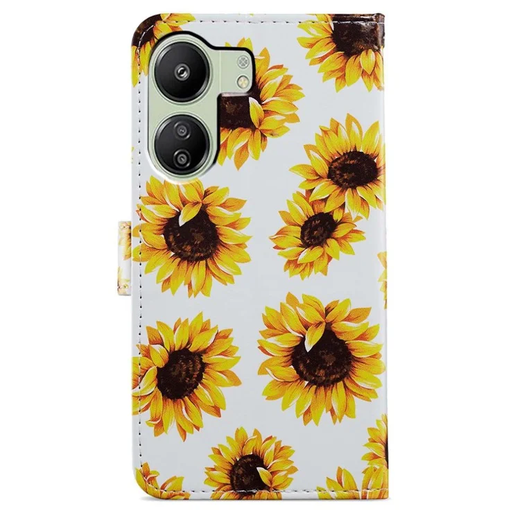 For Xiaomi Redmi 13C 4G / Poco C65 4G Case Leather Pattern Printing Stand Protective Cover - Sunflower