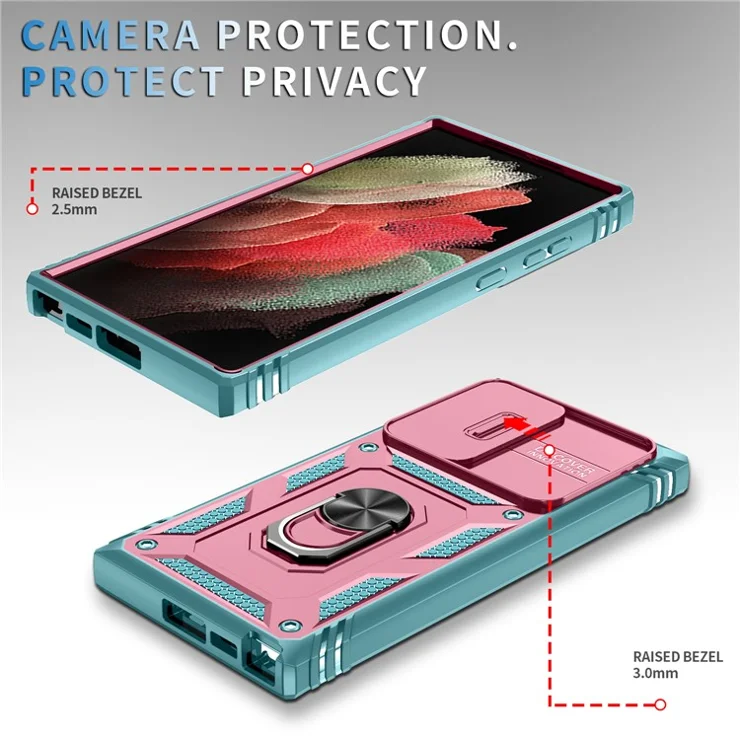 For Samsung Galaxy S24 Ultra Phone Case Built-in Slide Camera Lens Cover + Ring Holder Kickstand - Pink+Grey Green