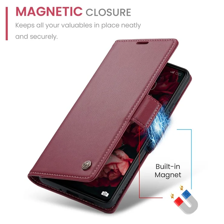 For Xiaomi Redmi 13C 4G / Poco C65 4G Leather Case CASEME 023 RFID Blocking 3 Card Slot Mobile Cover - Red