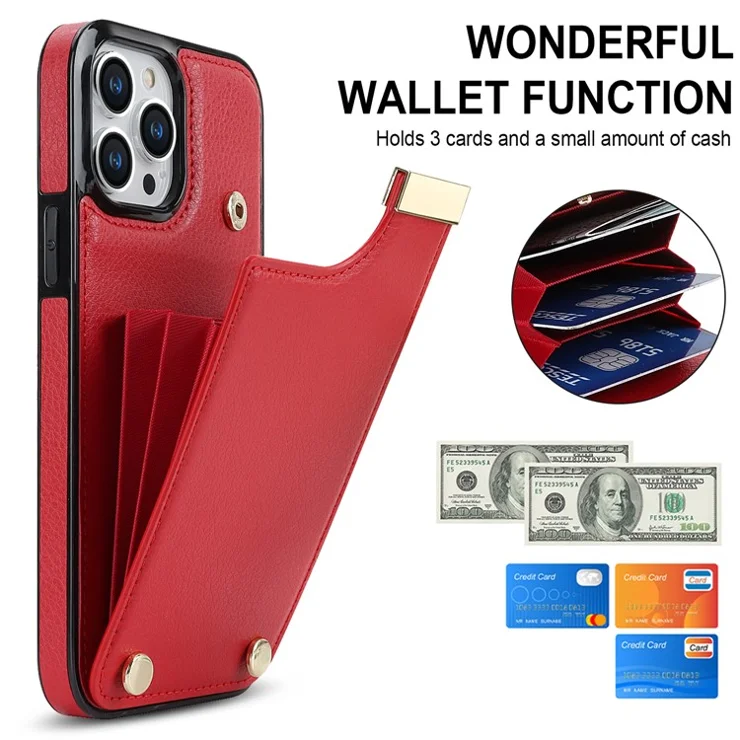 For iPhone 12 Pro Max 6.7 inch Cover Metal Decor TPU+Leather Card Bag Anti-fall Cell Phone Case - Red