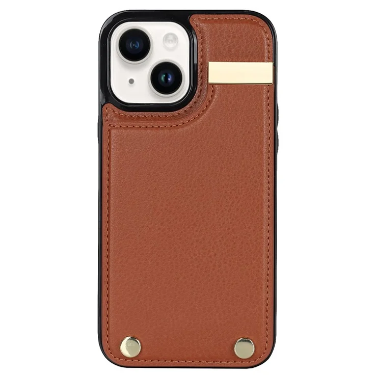 Phone Cover for iPhone 14 Slim-Fit Case TPU+PU Leather+Metal Shell with Card Holder - Brown