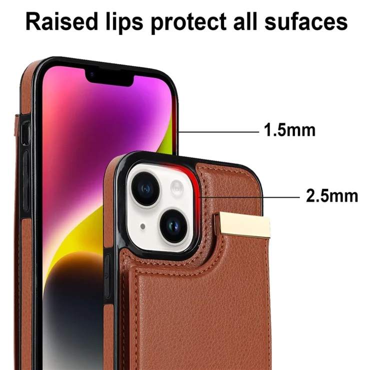 Phone Cover for iPhone 14 Slim-Fit Case TPU+PU Leather+Metal Shell with Card Holder - Brown
