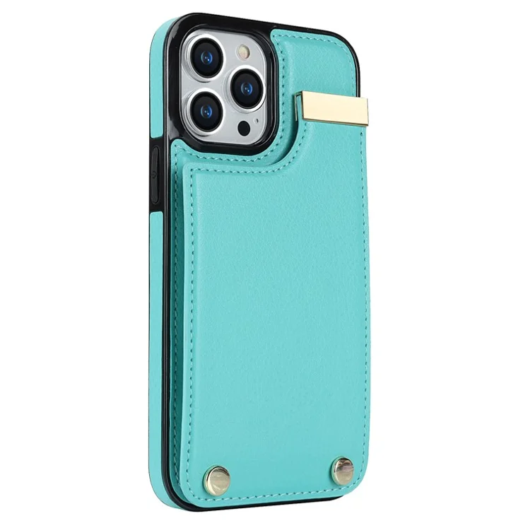 For iPhone 14 Pro Max Phone Case Card Holder TPU+PU Leather+Metal Hardware Phone Cover - Mint Green