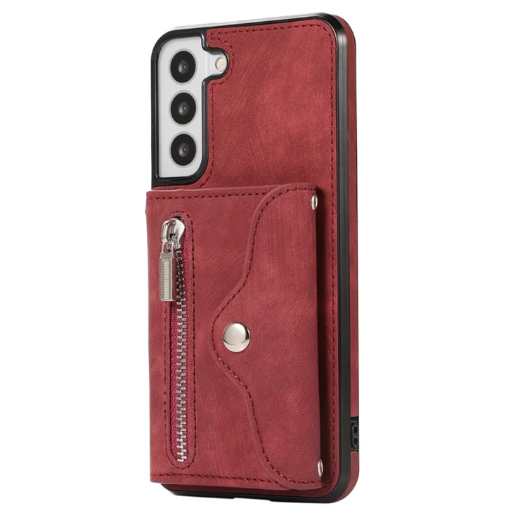 For Samsung Galaxy S21+ 5G Case PU+TPU Card Bag Cell Phone Case with 2 Straps - Red