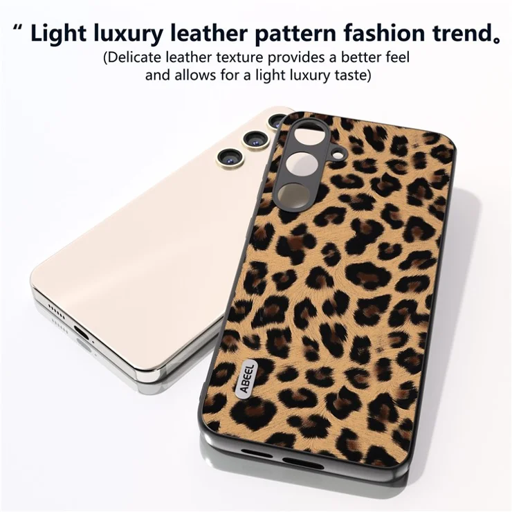ABEEL For Samsung Galaxy S24 Case Leather Coated PC+TPU Leopard Pattern Phone Cover - Champagne Gold