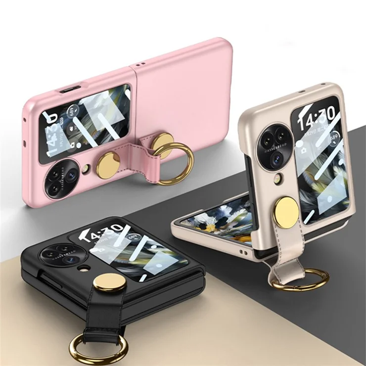 GKK For Oppo Find N3 Flip 5G Phone Cover Rotary Ring Holder Strap Case Rear Screen Film - Pink