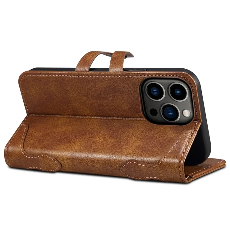 SUTENI Q03 Series for iPhone 15 Pro Leather Case Wavy Texture Cover Stand Wallet - Brown