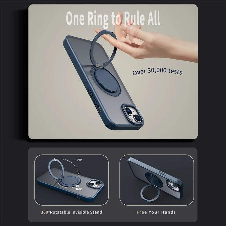 For iPhone 15 Invisible Gear Phone Case Kickstand Magnetic Cover - Navy Blue