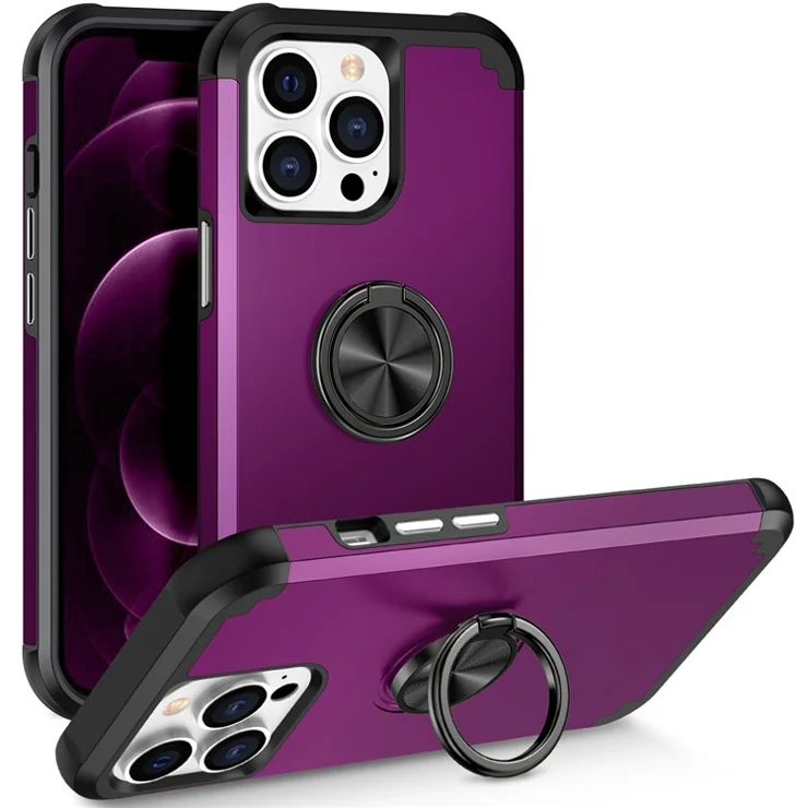 For iPhone 12 Pro Max Case with Ring Kickstand PC+TPU Phone Back Cover - Dark Purple