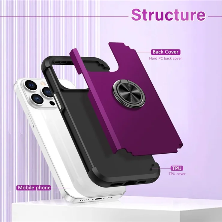 For iPhone 12 Pro Max Case with Ring Kickstand PC+TPU Phone Back Cover - Dark Purple