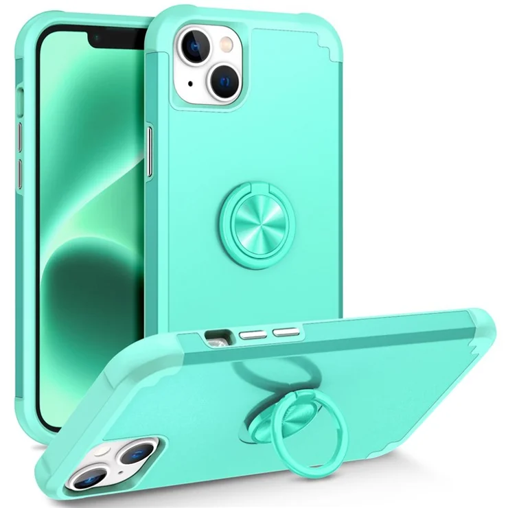 For iPhone 14 Case Scratch-resistant PC+TPU Phone Protector with Rotary Kickstand - Mint Green