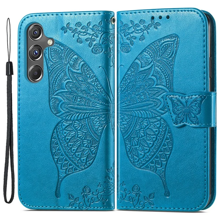 For Samsung Galaxy A15 5G Wallet Case PU Leather Wrist Strap Card Slots Cover - Blue