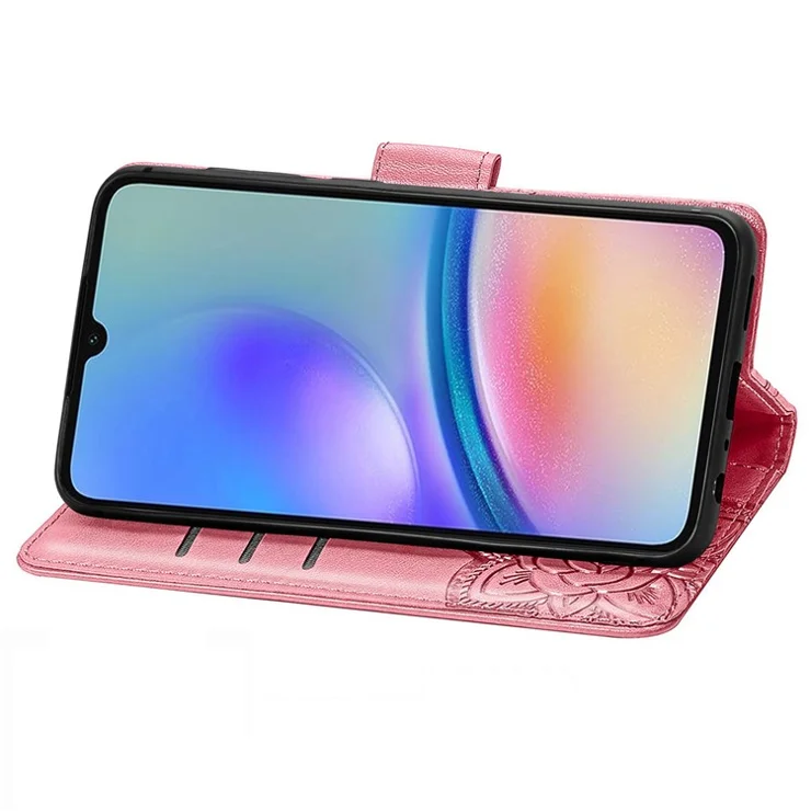 For Samsung Galaxy A05s 4G PU Leather Case Stand Function Butterfly Flower Pattern Cover Wallet - Pink
