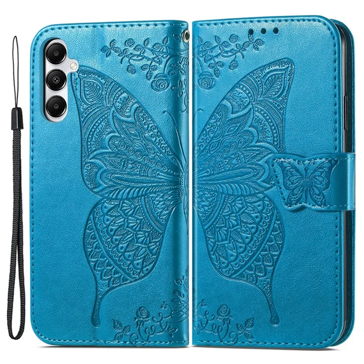 For Samsung Galaxy A05s 4G PU Leather Case Stand Function Butterfly Flower Pattern Cover Wallet - Blue