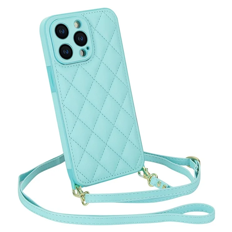 For iPhone 15 Pro Max Leather Back Case Rhombus Grid PU+TPU Cover Protector with Long Strap - Red
