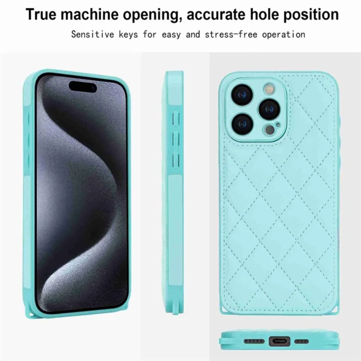 For iPhone 15 Pro Max Leather Back Case Rhombus Grid PU+TPU Cover Protector with Long Strap - Black