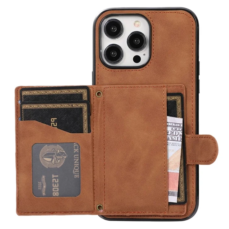For iPhone 14 Pro Max Case Leather TPU Cover with Back Card Holder Shoulder Strap - Brown