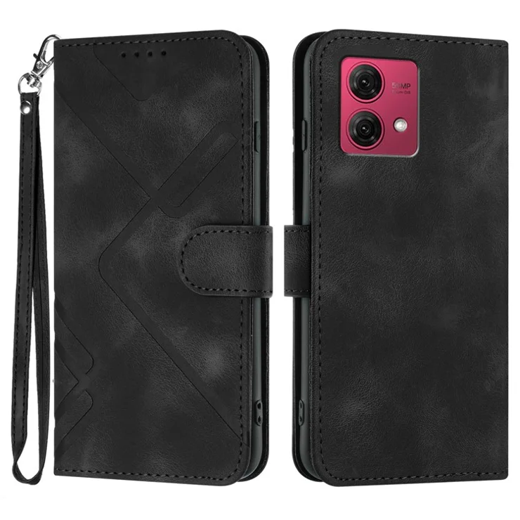 For Motorola Moto G84 5G Wallet Case Line Imprinted PU Leather Phone Cover with Strap - Black