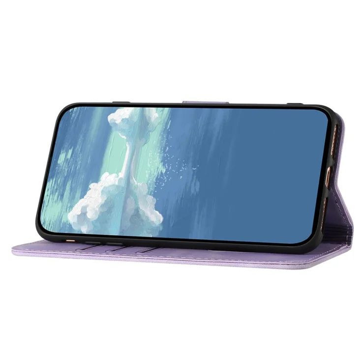 For Motorola Moto G14 4G Wallet Case Line Imprinted PU Leather Phone Cover with Strap - Purple