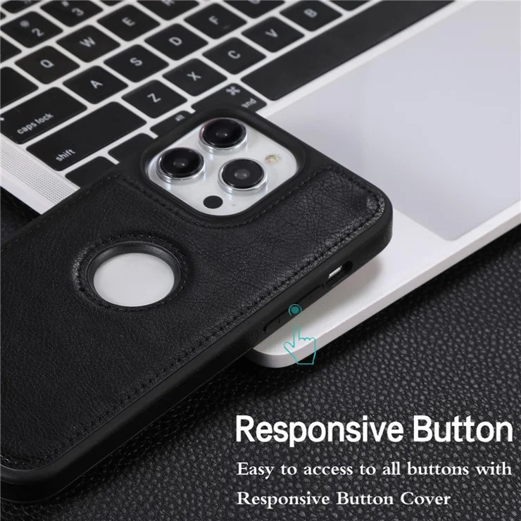 For iPhone 15 Pro Max Case PU Leather Coated TPU Solid Color Logo View Mobile Phone Cover - Black